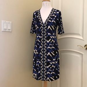 Nwot BCBG MaxAzria blue, black , and white pattern knit dress
